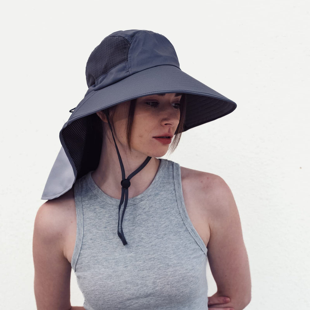 Close-up of dark gray sun hat with wide brim