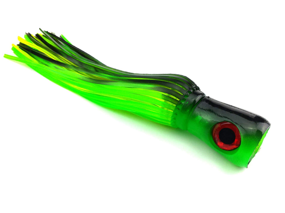 Lobo Lures Big Chugger front view in green and black to attract marlin and tuna