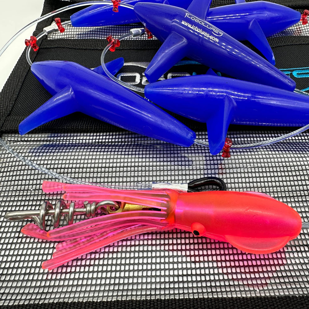 Lobo Lures Green 5in Birds glow to entice billfish and mahi.