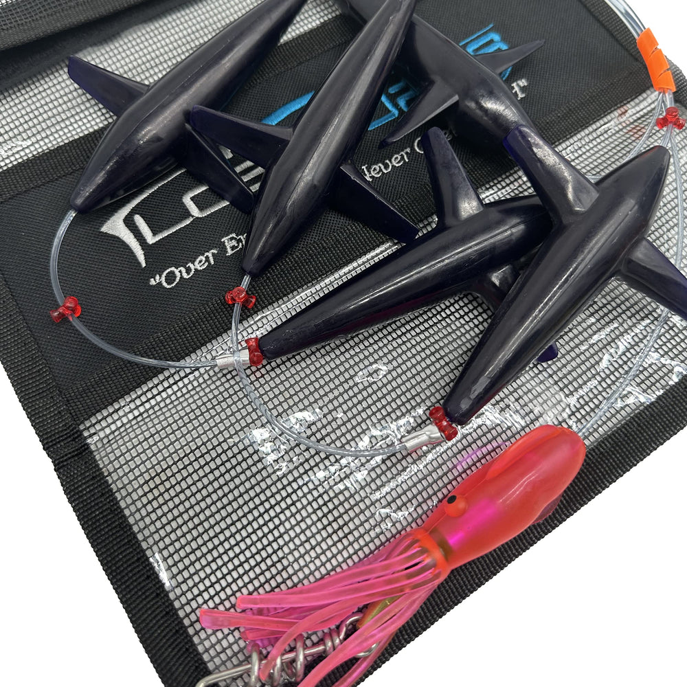 Lobo Lures Prattling teaser rigged with 400lb leader for heavy tackle reliability