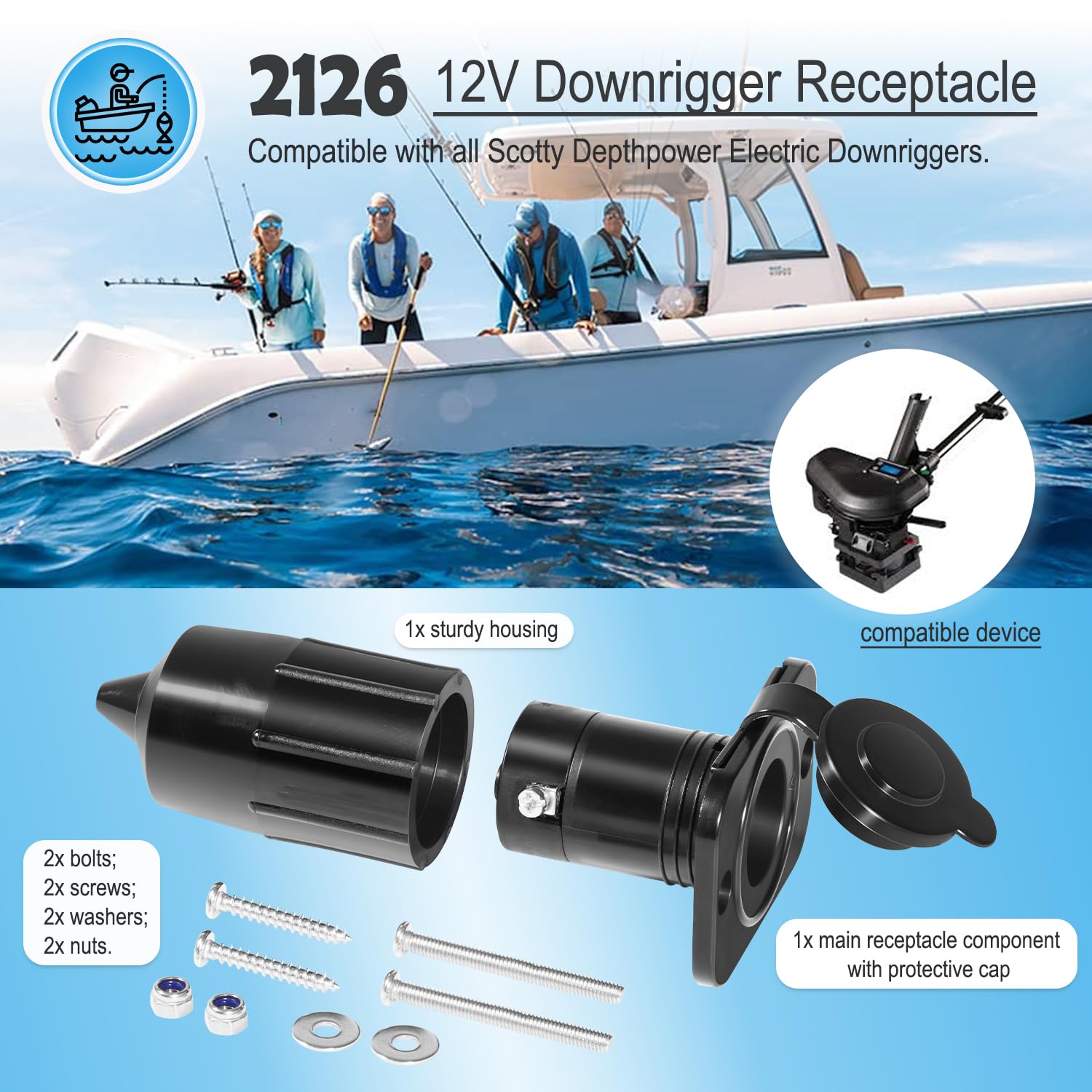Close-up of locking blade connection on 12V downrigger receptacle