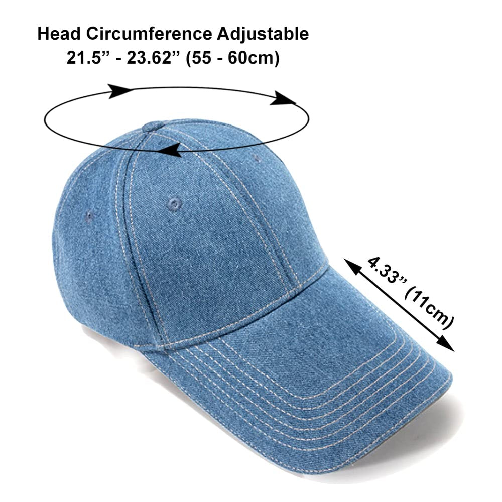 LOCOMO denim cap extended bill side view showing shade without blocking sight.