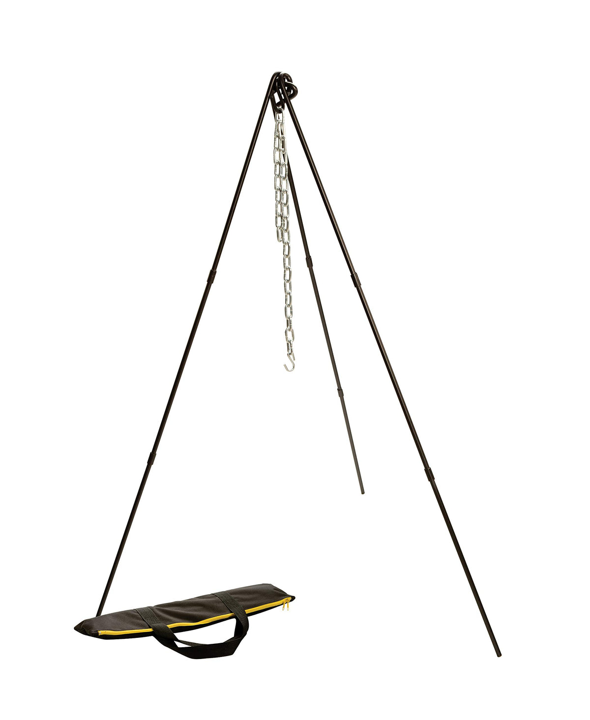 Lodge adjustable campfire tripod demonstrates adjustable height for versatile Dutch oven cooking.
