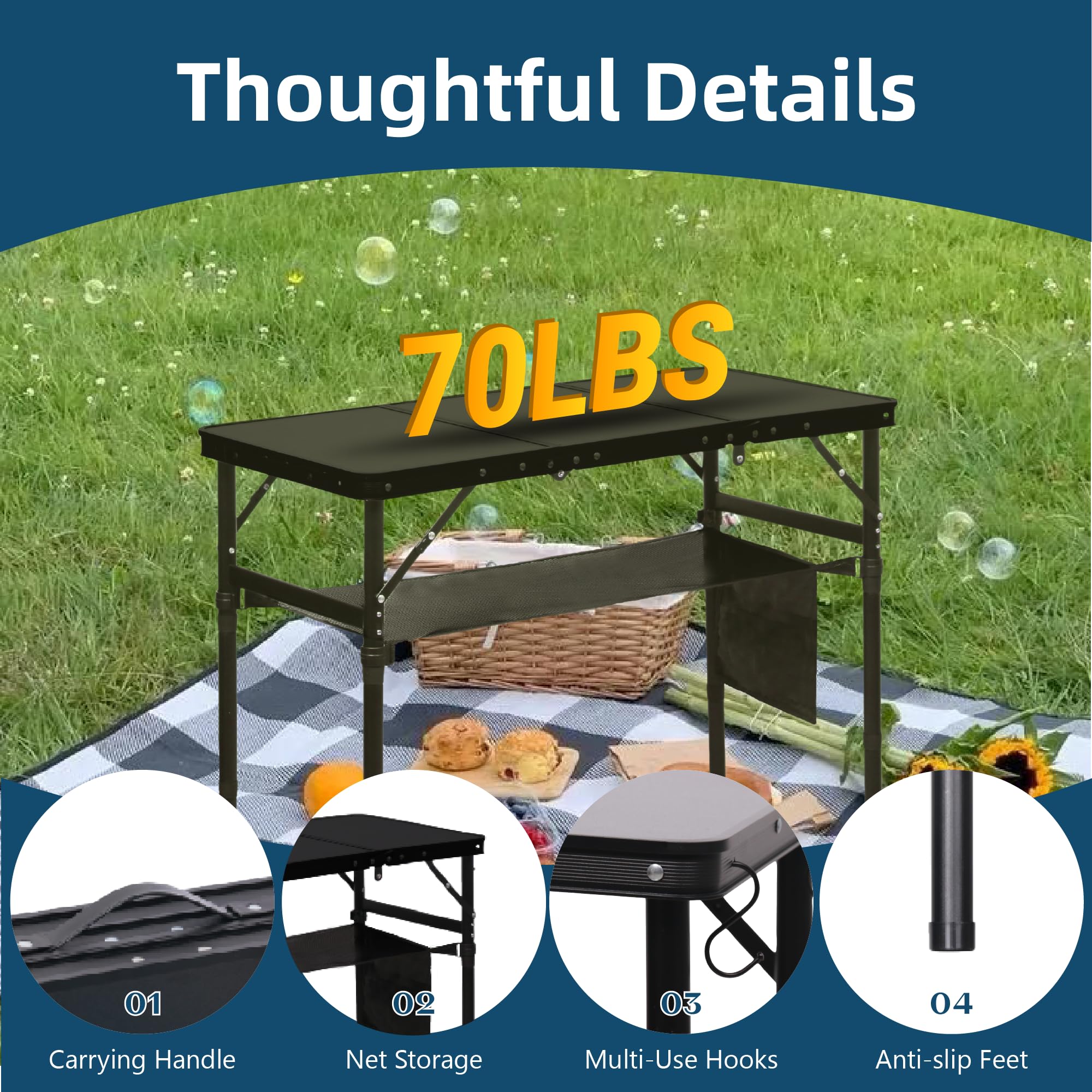 LOFTEY camping table legs with mesh pocket for organized gear during trips.