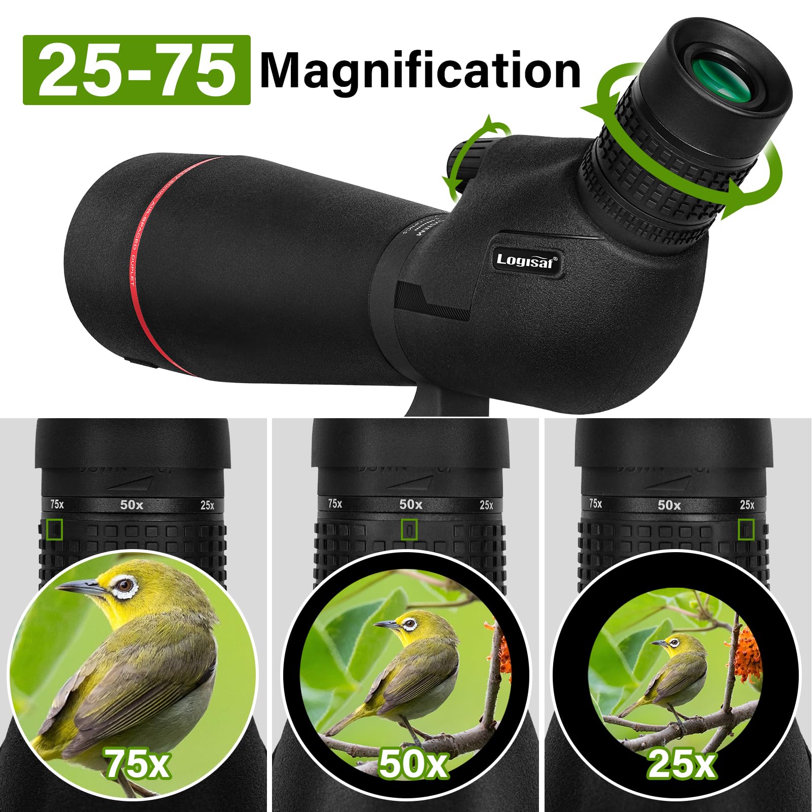 Logisaf BAK4 spotting scope angled view for comfortable field observations.