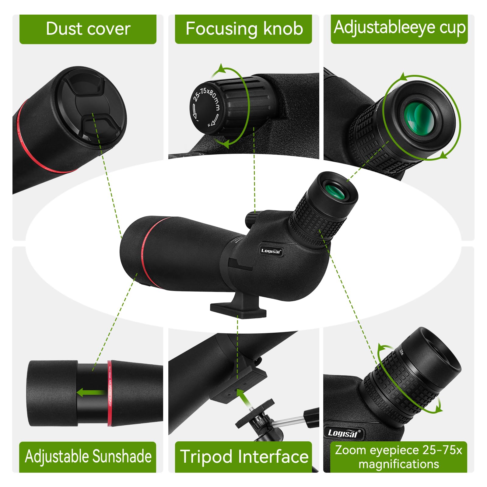 Logisaf BAK4 spotting scope prism closeup highlights bright, high-contrast optics.