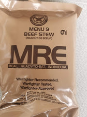 LoJo Surplus 2022 MRE Beef Stew packaging ready for hiking or emergencies.