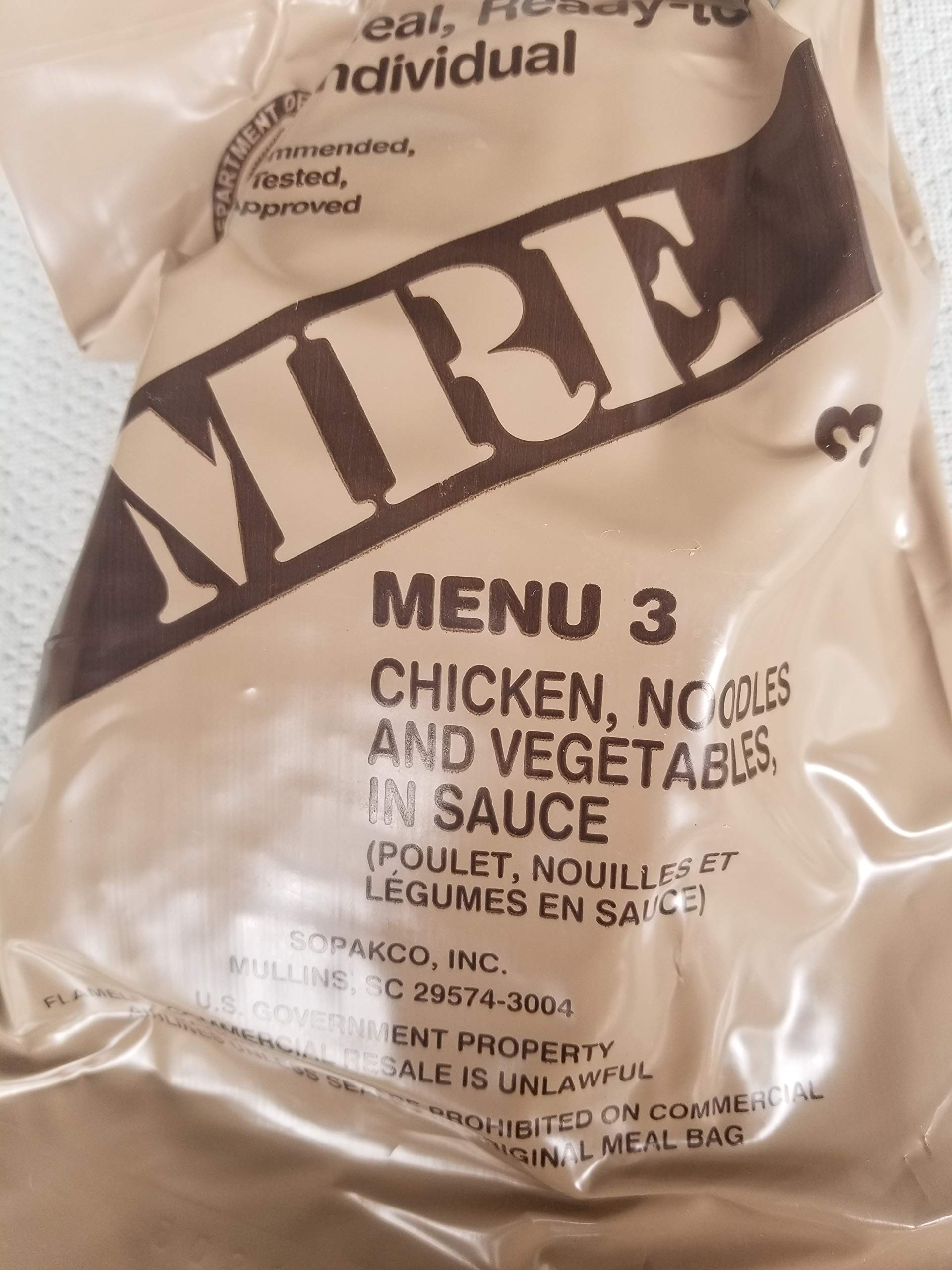 LoJo Surplus MRE chicken and noodles, ready-to-eat for camping or hiking