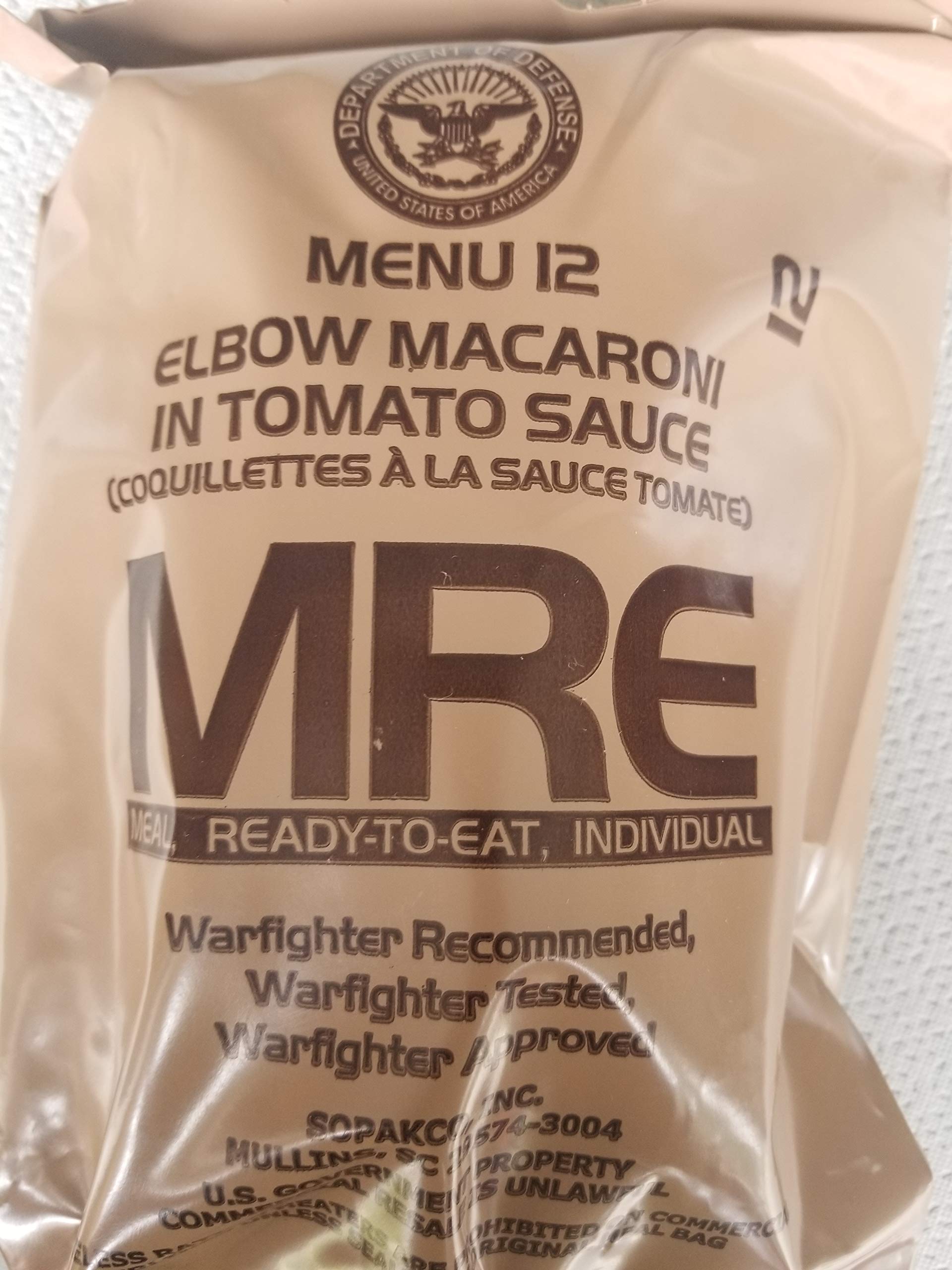 LoJo Surplus MRE elbow macaroni in tomato sauce, 1250 calories per meal, ideal for hiking and emergencies.