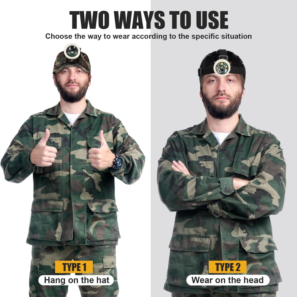 Lokilo camouflage mining cap paired with headlamp for rugged field use.