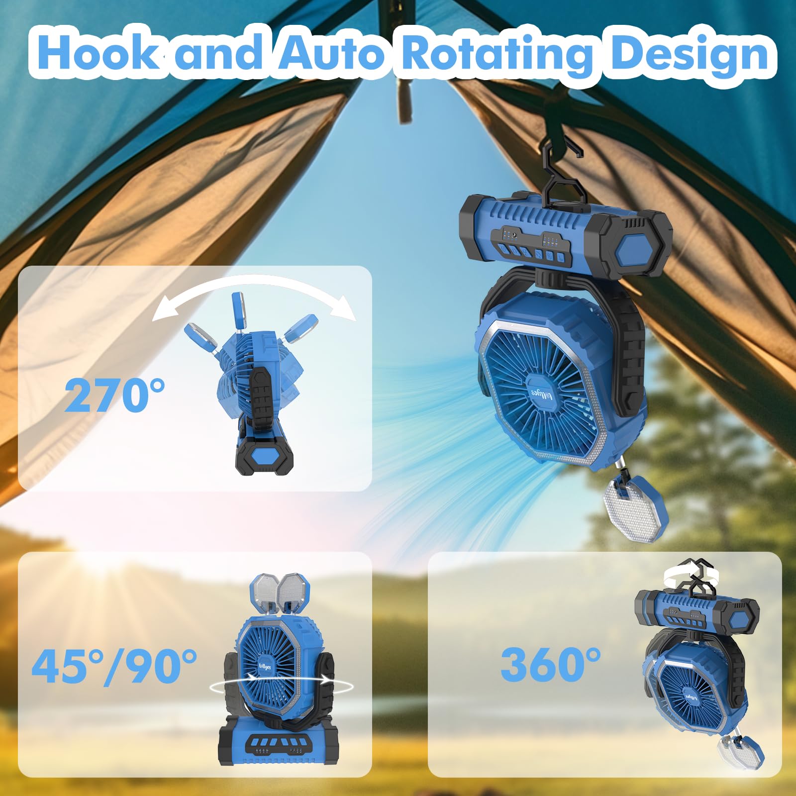 Lollyes 90° oscillation and 270° swivel head increase cooling coverage and comfort.