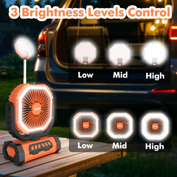 Lollyes camping fan shows 20000mAh battery detail for long runtime.
