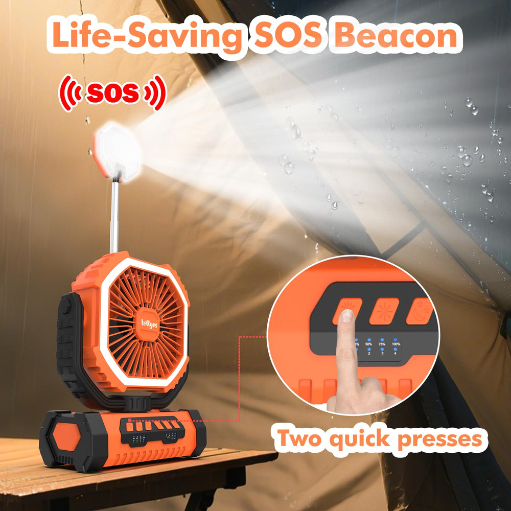 Lollyes camping fan demonstrates 360-degree oscillation for even cooling.