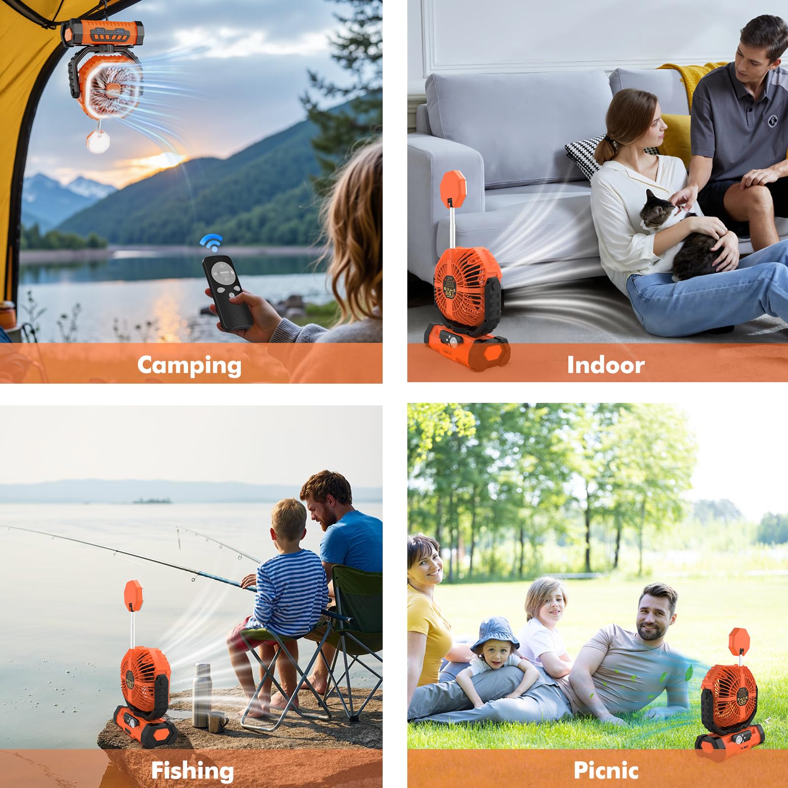 Lollyes camping fan back charging ports enable device power on-the-go.