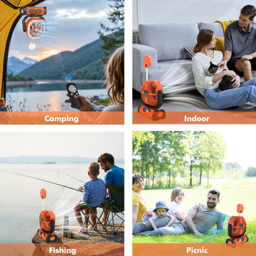 Lollyes camping fan back charging ports enable device power on-the-go.