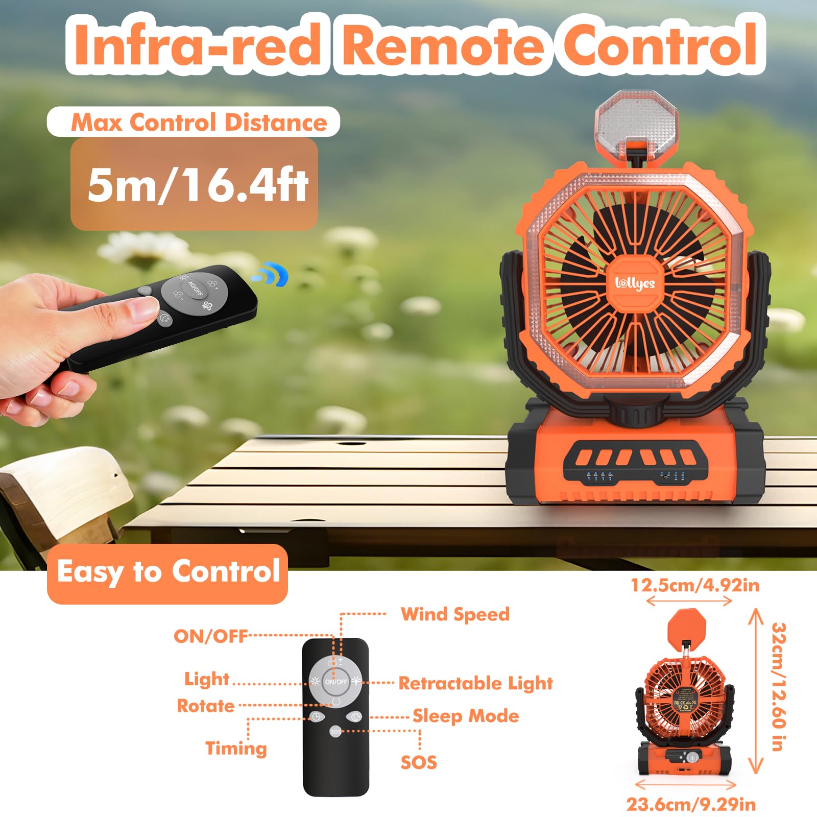 Lollyes camping fan in tent usage showing portable cooling and lighting.