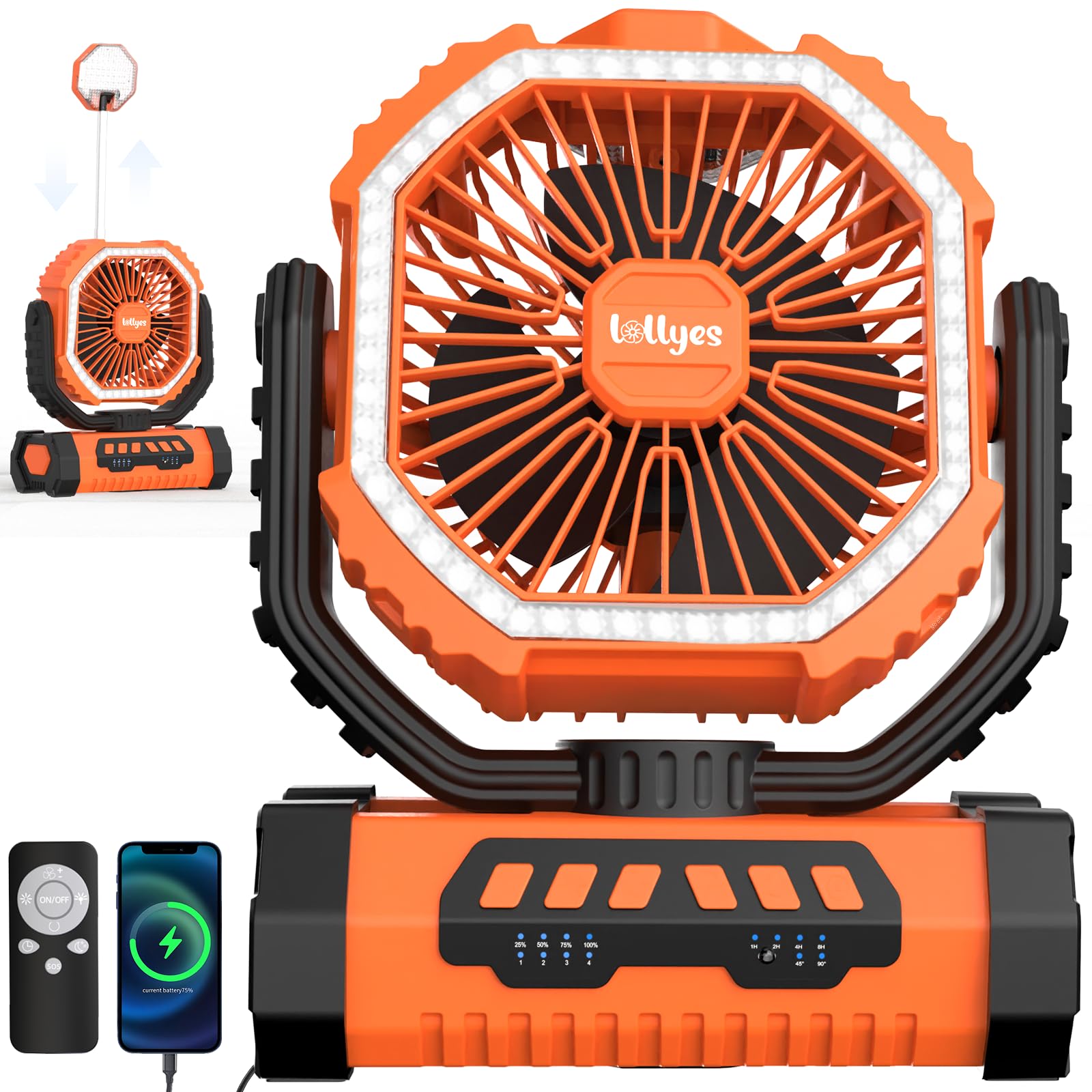 Lollyes camping fan with LED lantern, orange front view for all-night comfort and light.