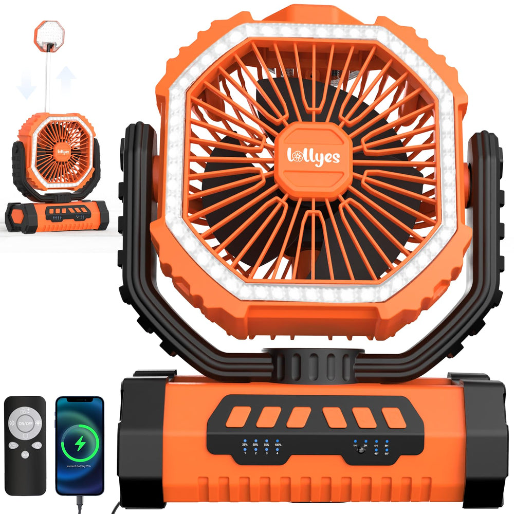 Lollyes camping fan with LED lantern, orange front view for all-night comfort and light.