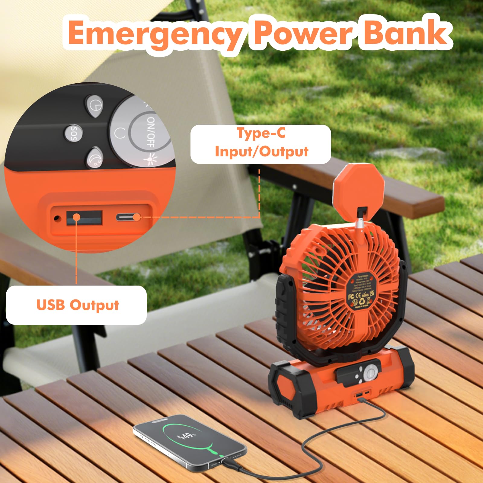 Lollyes camping fan SOS distress mode enhances safety when outdoors.