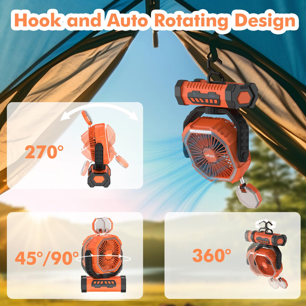 Lollyes camping fan tilt-swivel head enables targeted airflow.
