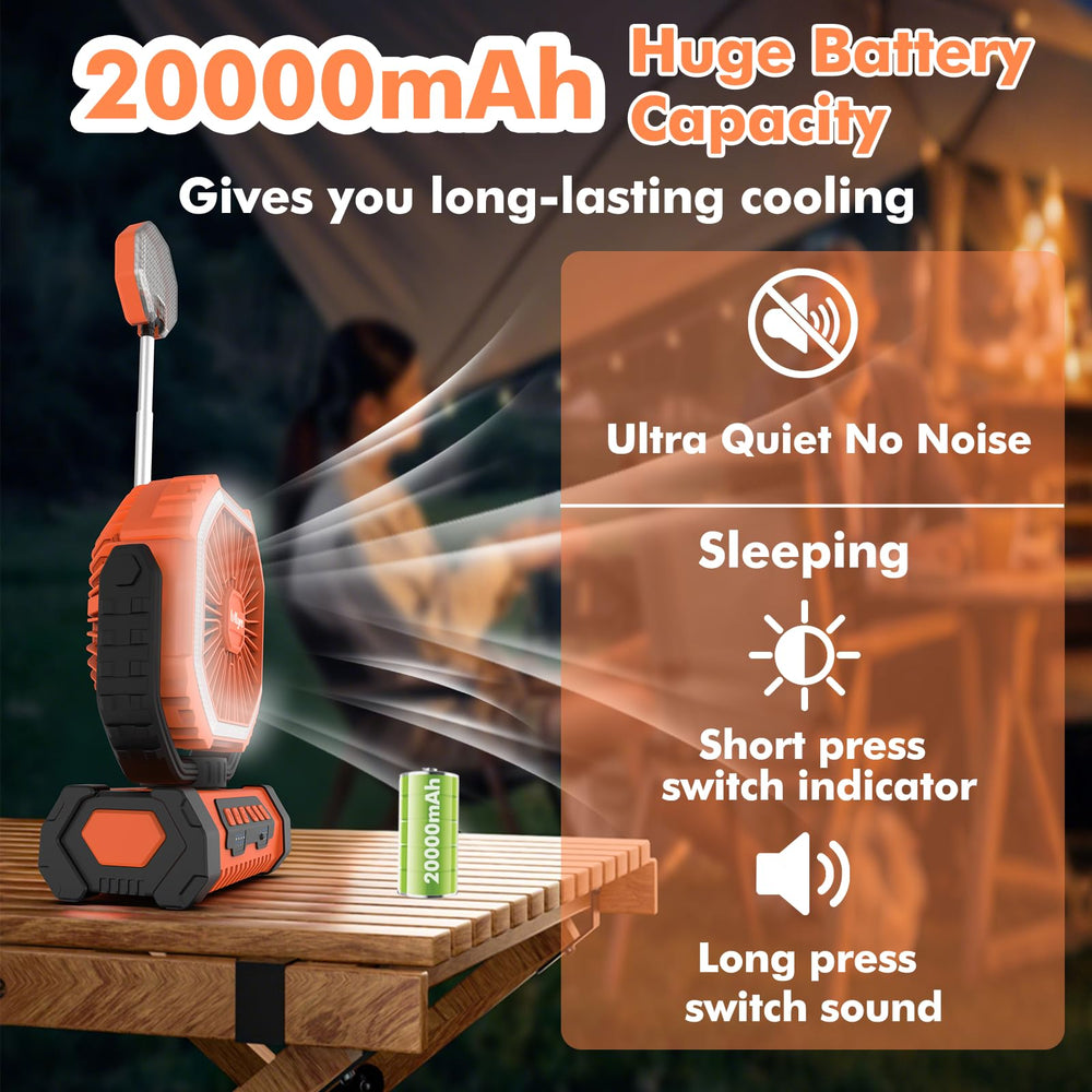 Lollyes camping fan top LED light with brightness options for versatile lighting.