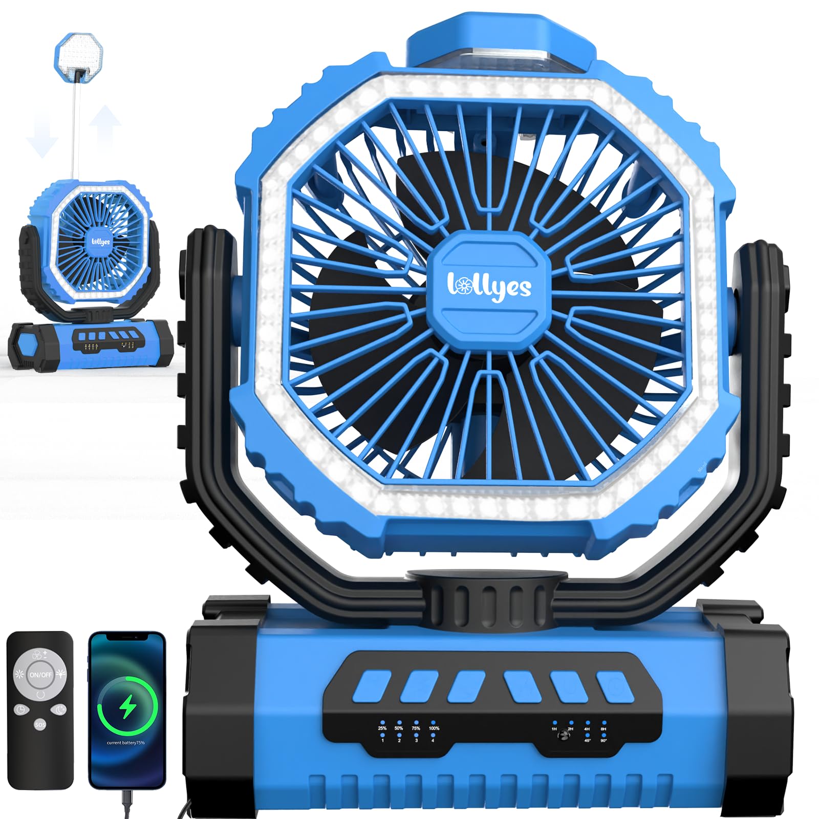 Lollyes portable camping fan with LED lantern in blue for a compact, all-in-one outdoor light.
