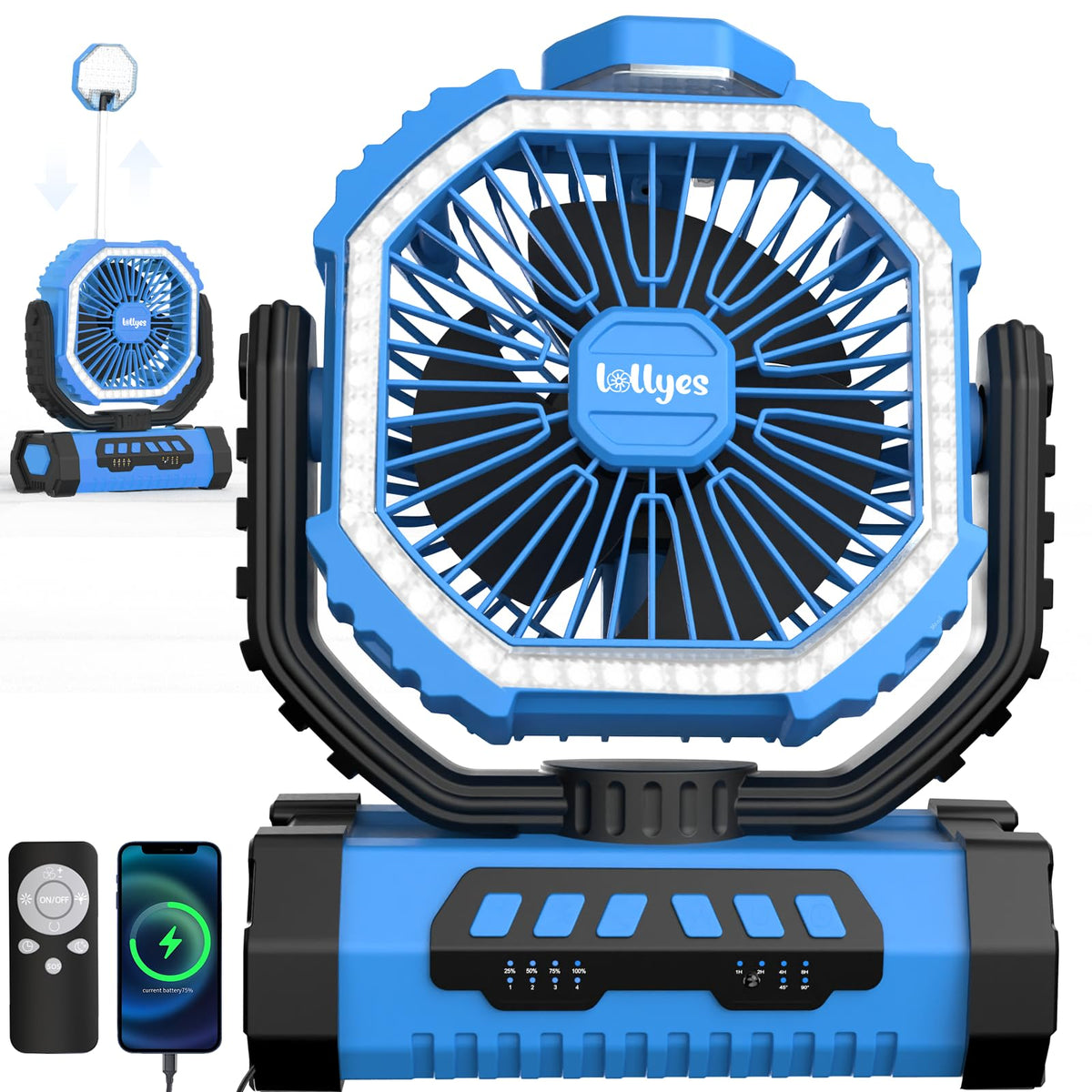 Lollyes portable camping fan with LED lantern in blue for a compact, all-in-one outdoor light.