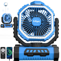Lollyes portable camping fan with LED lantern in blue for a compact, all-in-one outdoor light.