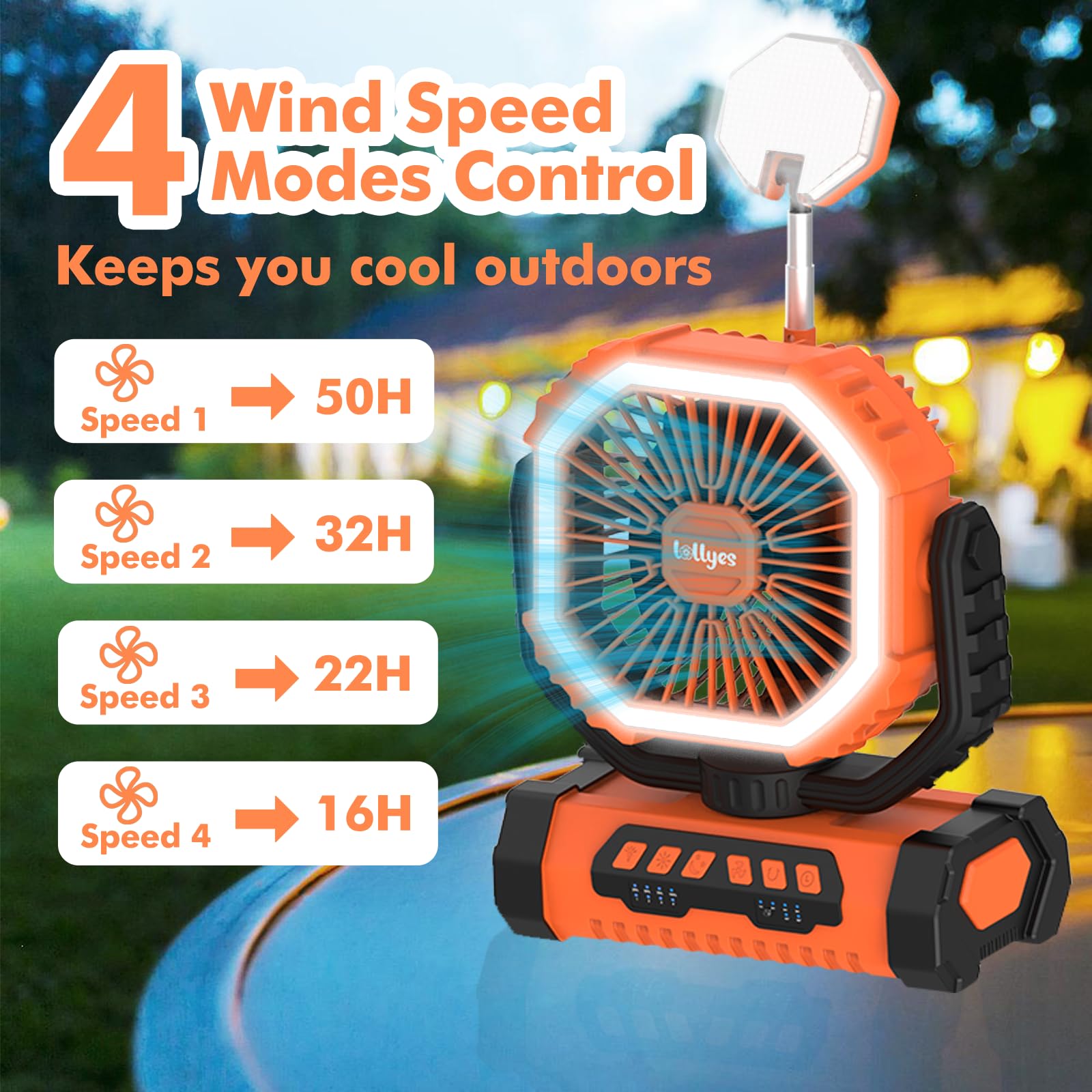 Lollyes portable fan orange 360° hook ready to hang in a tent.