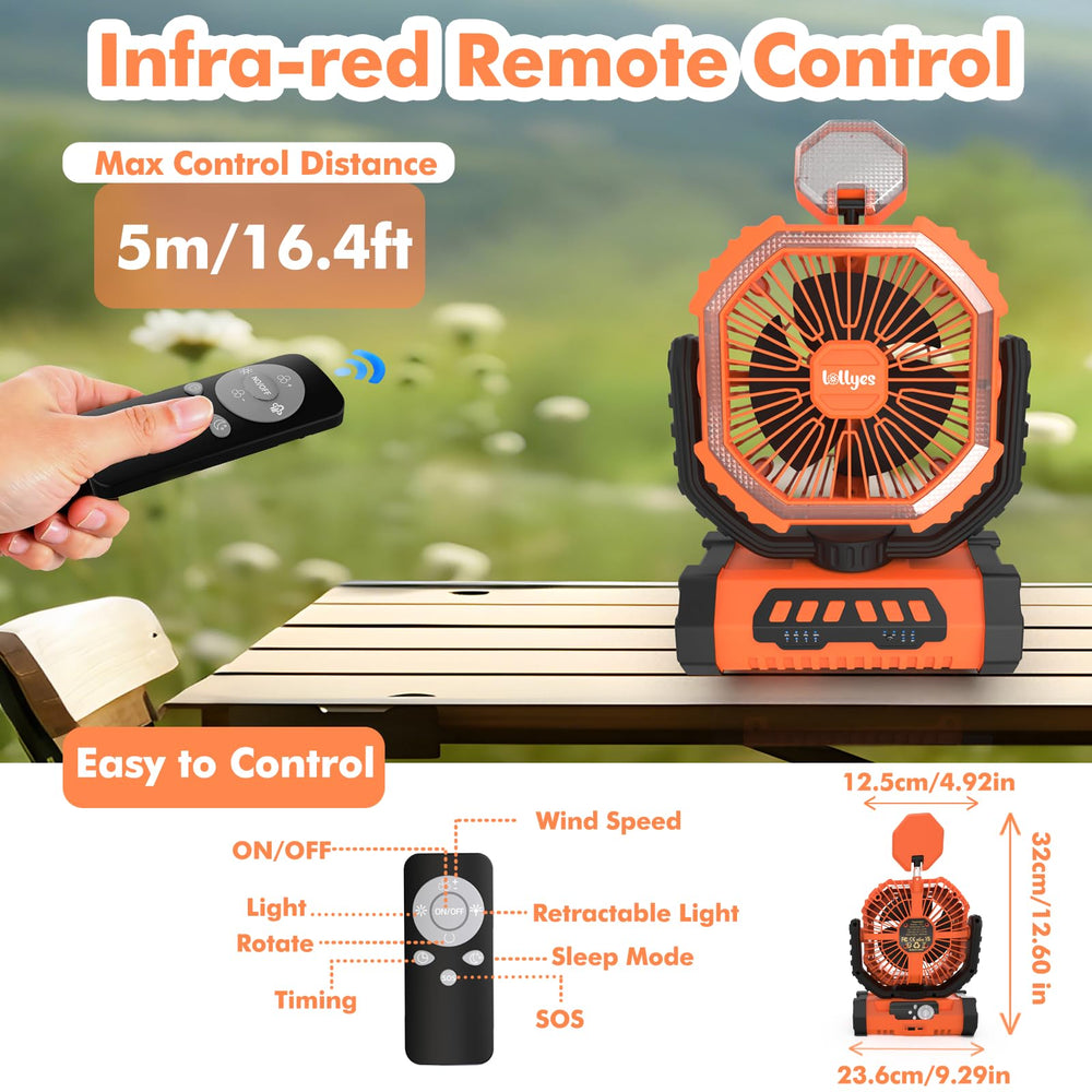 Lollyes portable fan orange 20000mAh battery doubles as a power bank.
