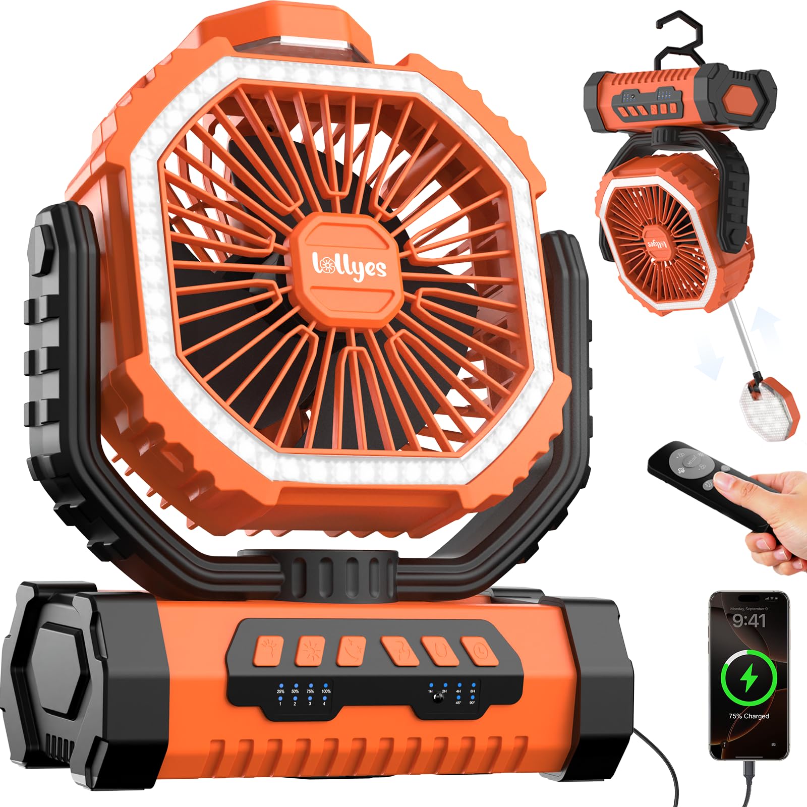 Lollyes portable fan orange front view for outdoor cooling on demand.