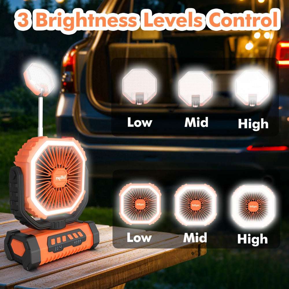 Lollyes portable fan orange LED light provides bright night visibility.