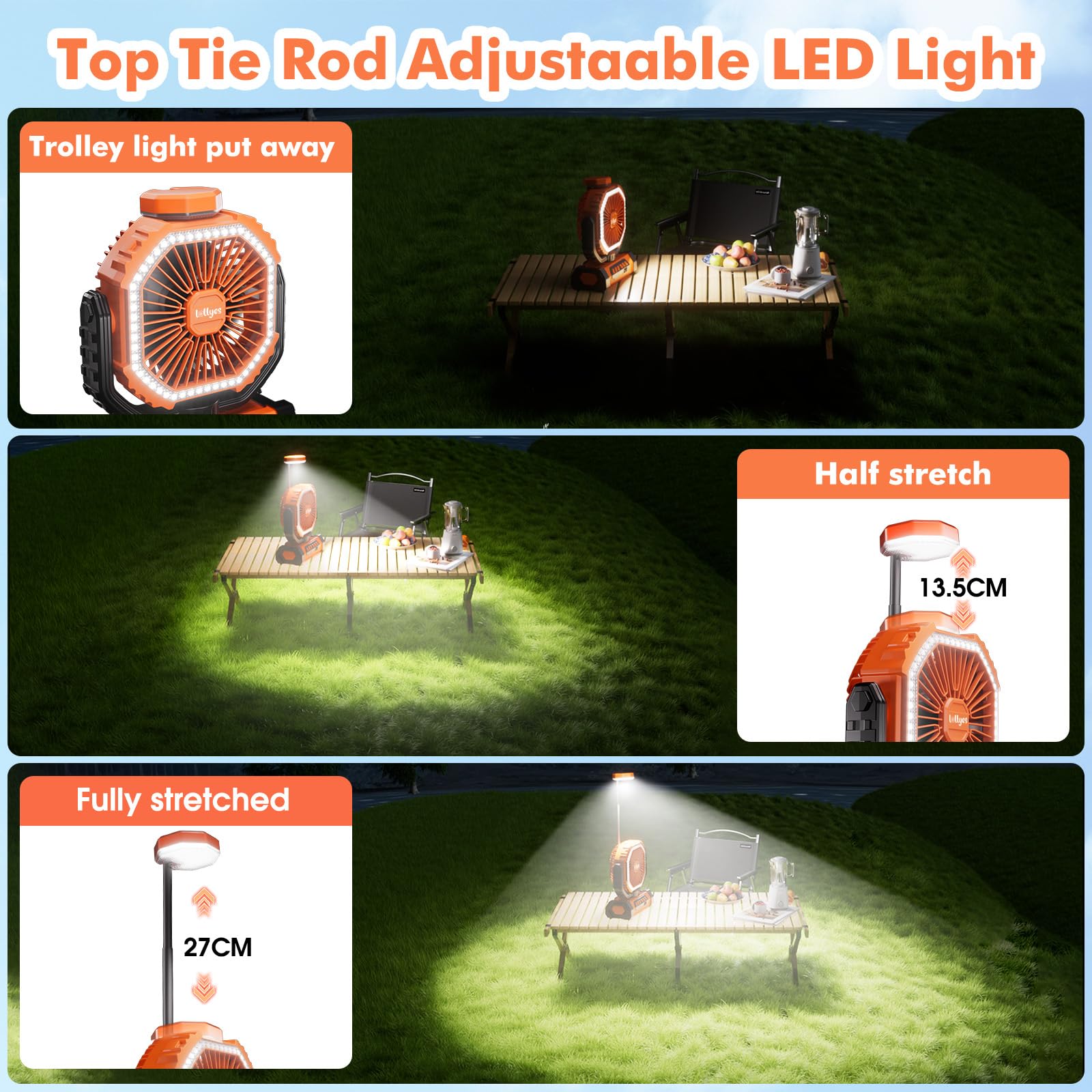 Lollyes portable fan orange side profile shows lightweight, travel-ready design.