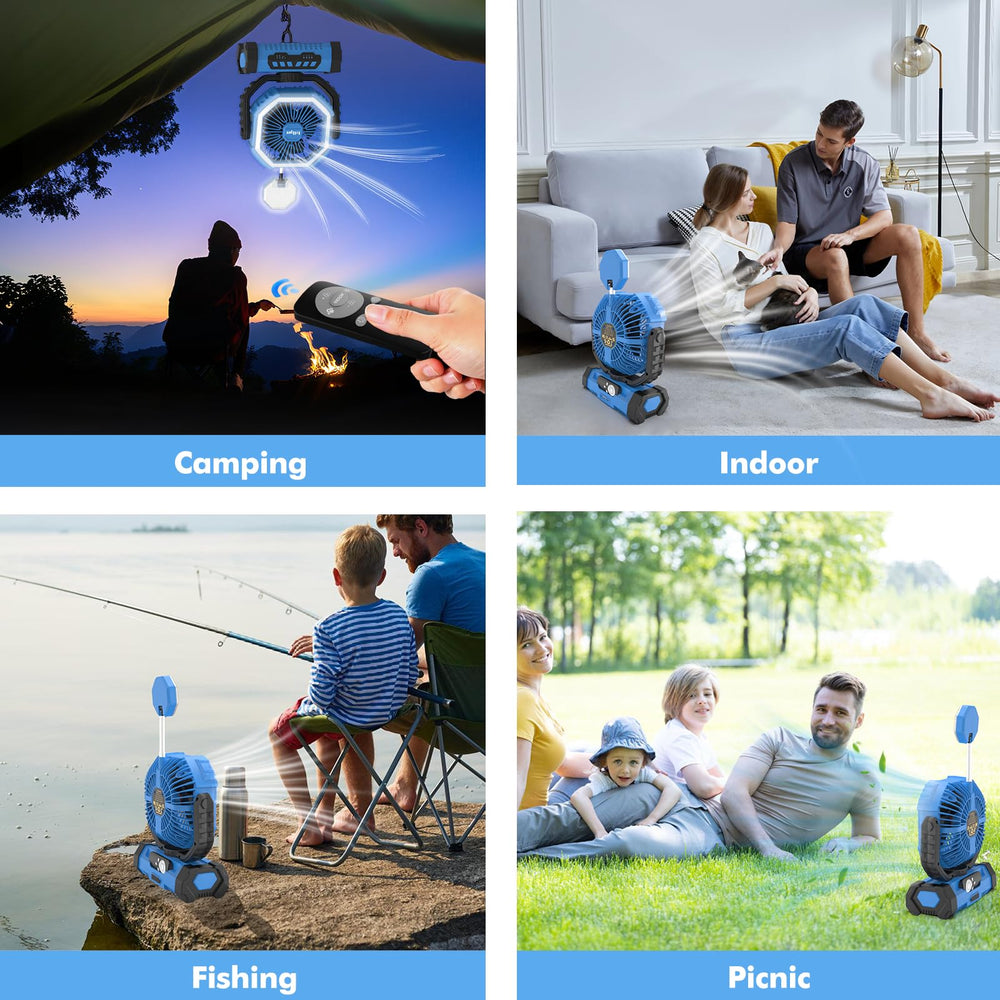 Lollyes blue camping fan ready for outdoor or home use across power outages.