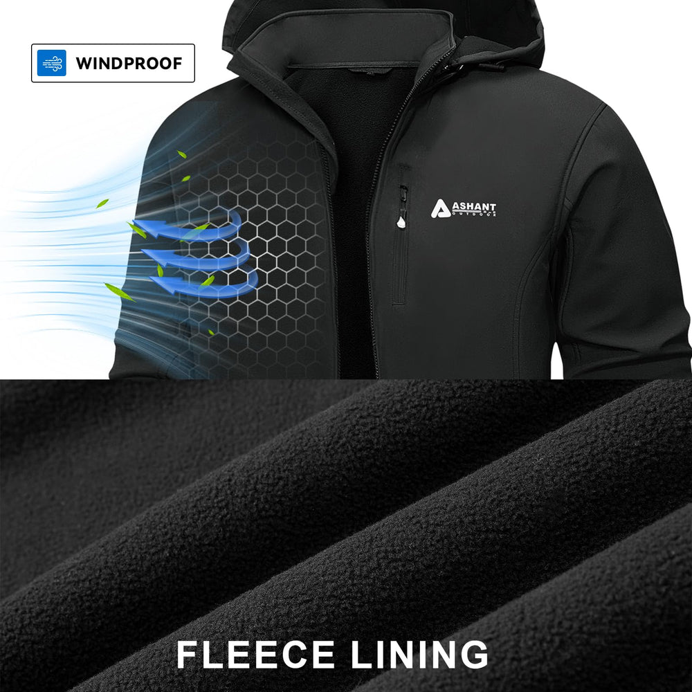 Lololeneon men's softshell jacket hood up illustrates adjustable hood for storm-ready comfort.
