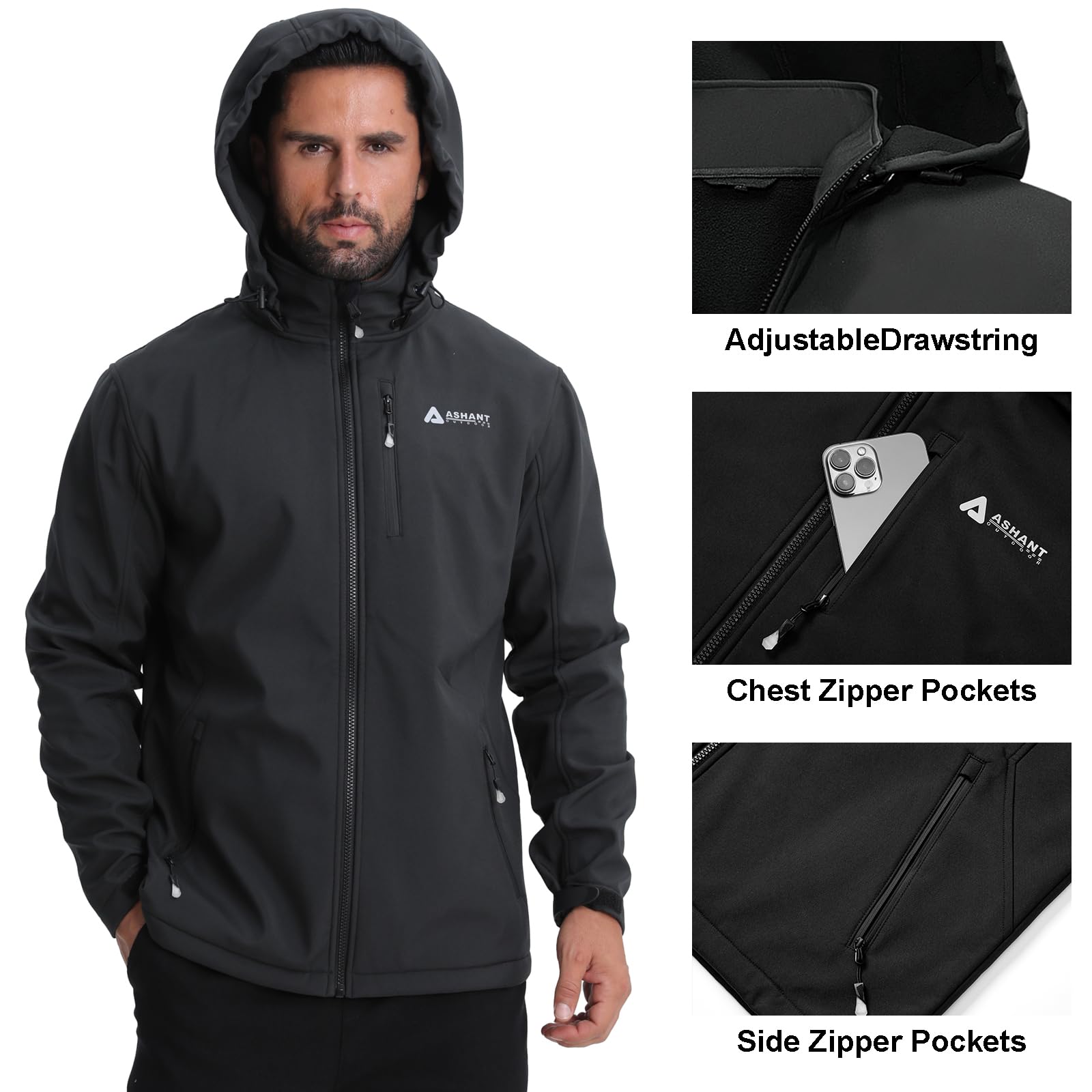 Lololeneon men's softshell jacket pocket detail highlights secure storage with three zippered pockets.