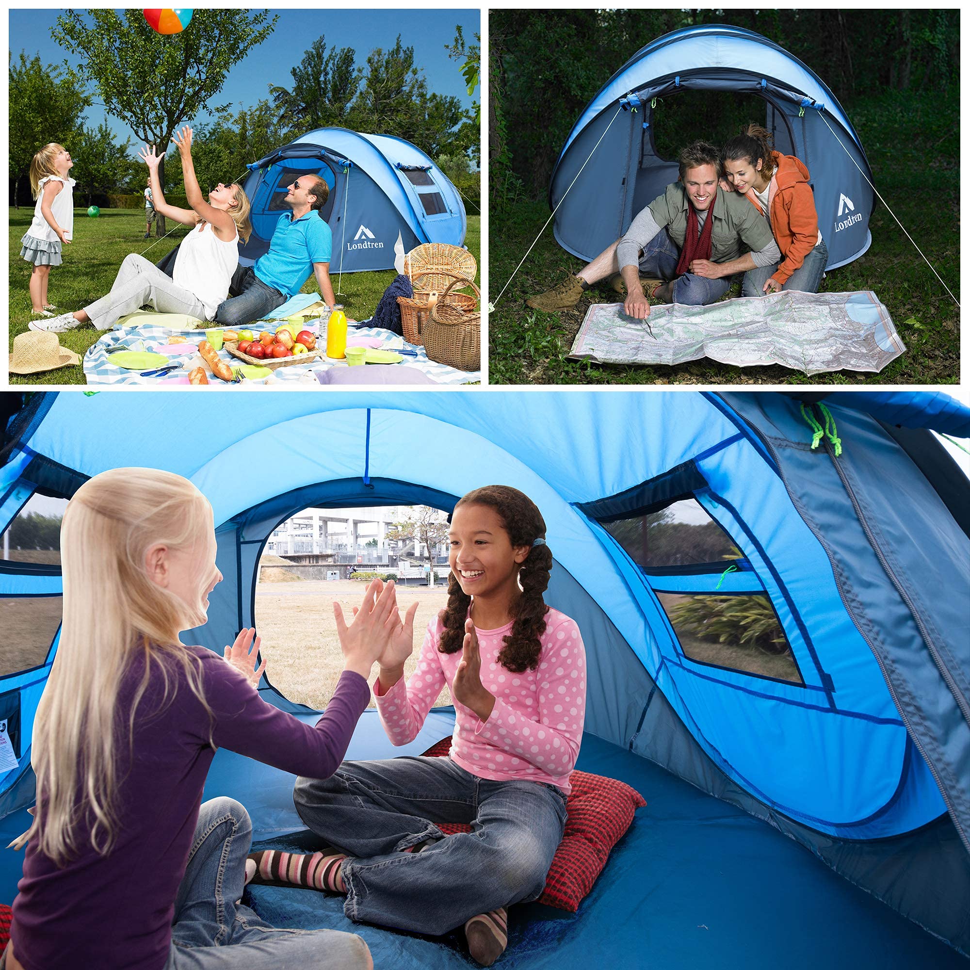 Londtren pop-up tent at beach or backyard shows versatile use in outdoor scenes.