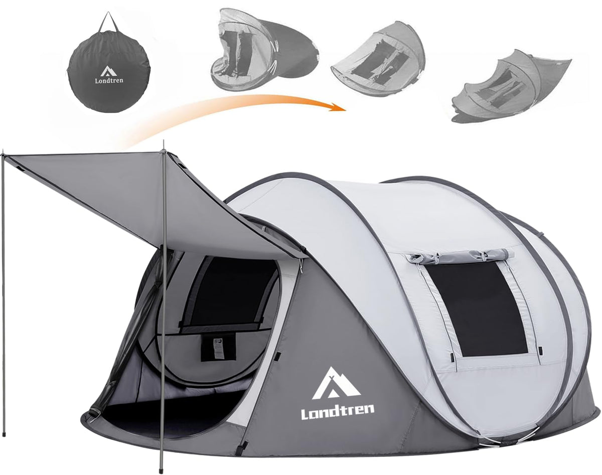 Londtren pop-up tent front view highlighting quick setup and breathable mesh doors for camping