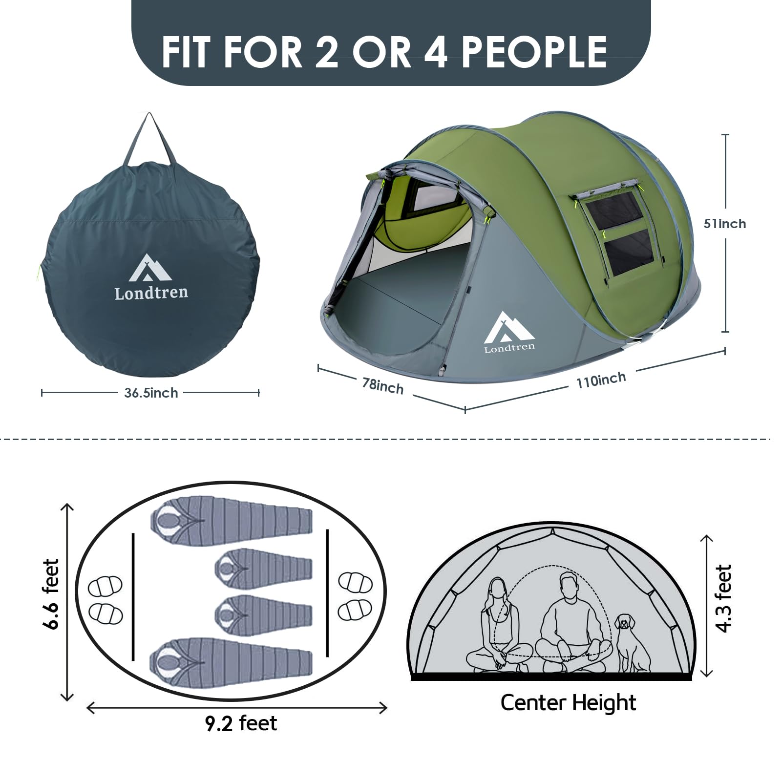 Londtren pop up tent interior spacious enough for 3-4 people with sleeping bags