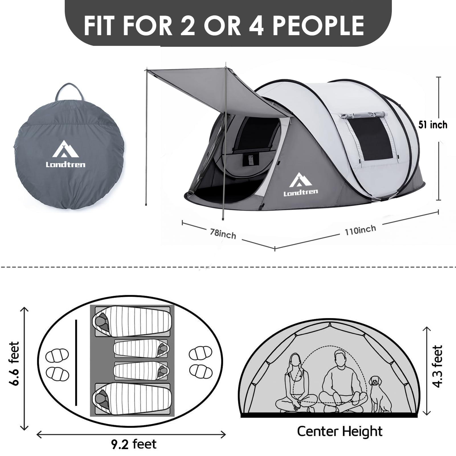 Londtren pop-up tent side entrance with vestibule for muddy gear storage and quick access