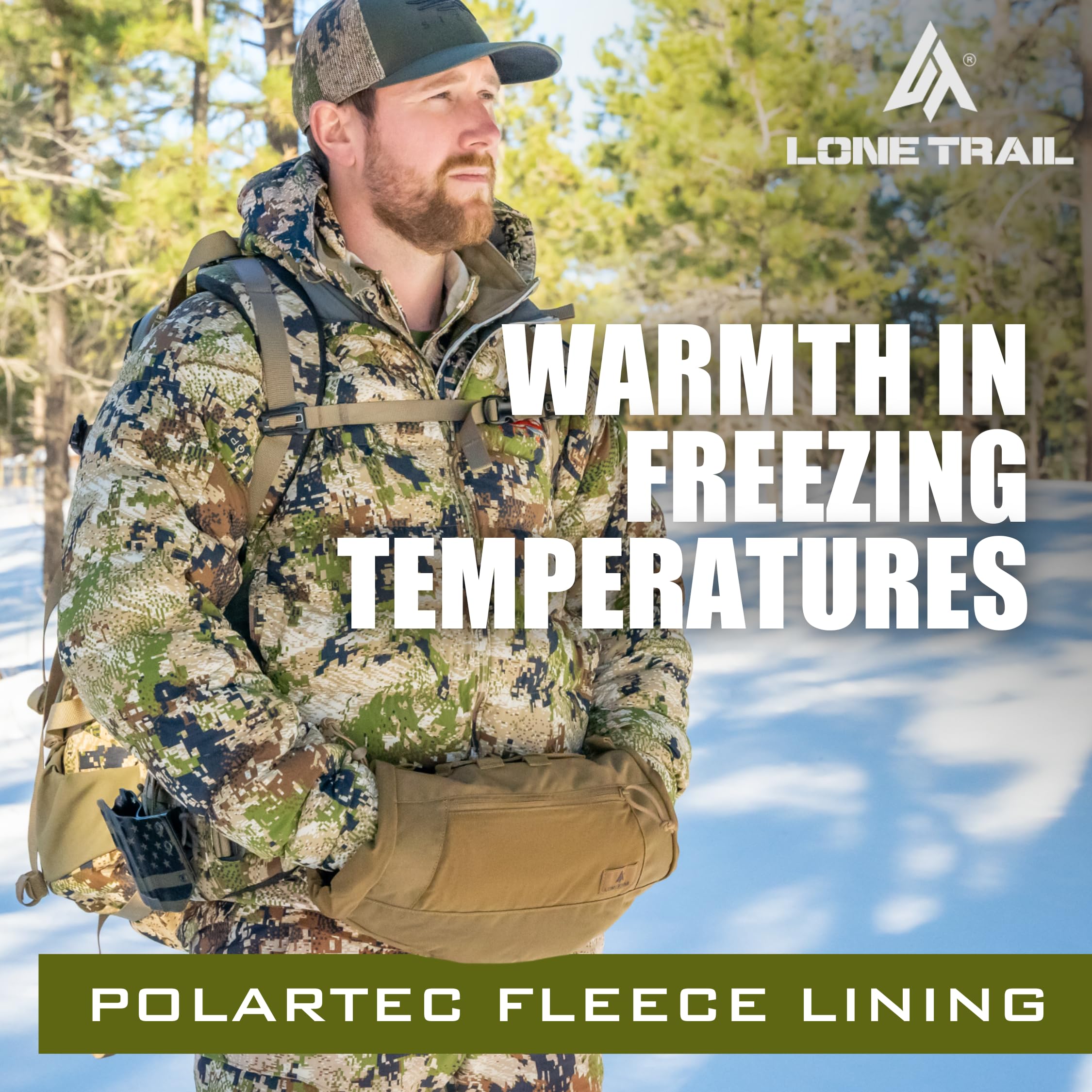 Lone Trail hand muff side view highlights adjustable fit for gloves and comfort.