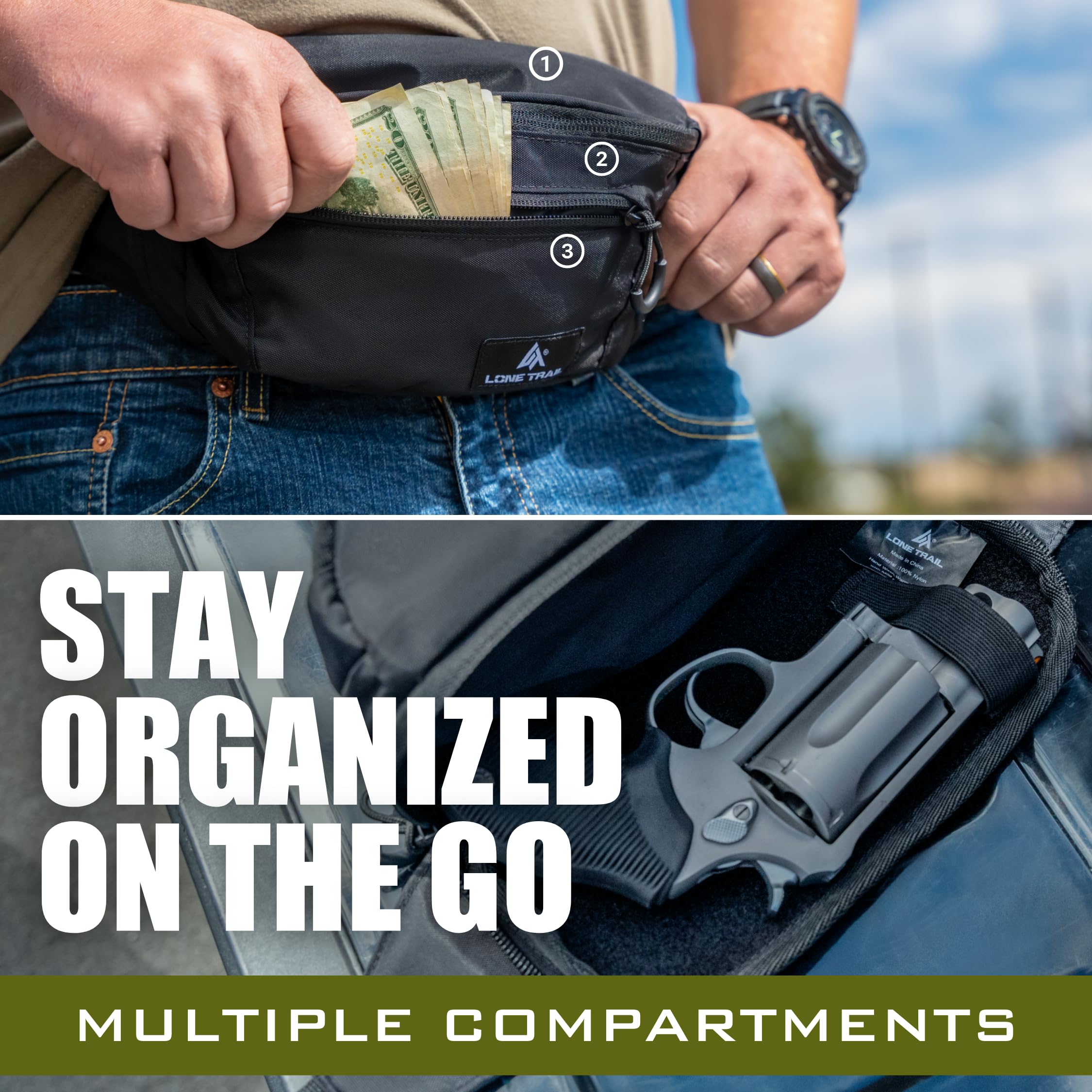 Lone Trail large CCW fanny pack discreet design keeps valuables secure.