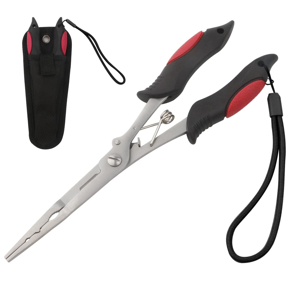 Long nose fishing pliers with sheath and lanyard