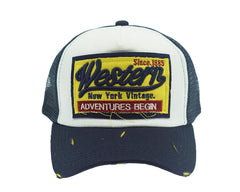 Longten half-mesh denim cap front view with vintage wash and embroidery.