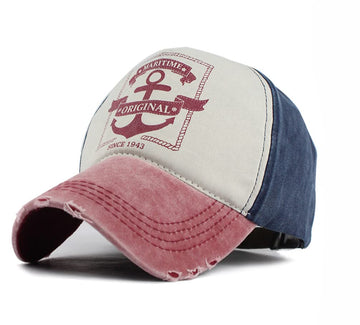 Front view of LONGTEN Vintage Denim Baseball Cap with anchor pattern