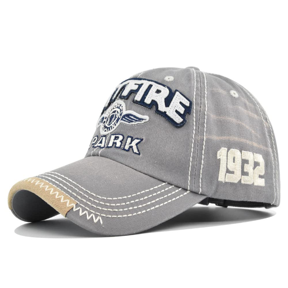 LONGTEN vintage denim cap front view with SPITFIRE embroidery for casual sun protection