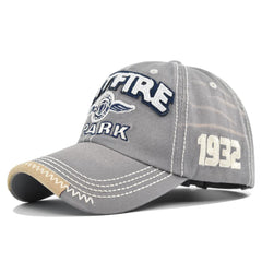LONGTEN vintage denim cap front view with SPITFIRE embroidery for casual sun protection