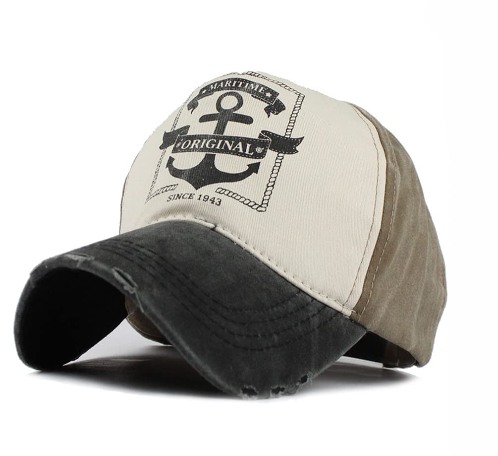 LONGTEN Vintage denim cap with anchor pattern and frayed edge for casual outdoor style