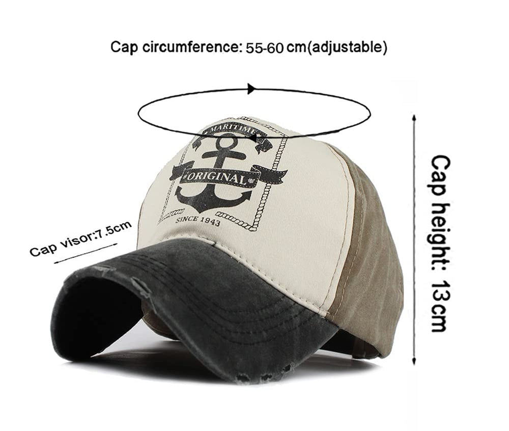 LONGTEN cap front detail shows anchor motif on durable denim