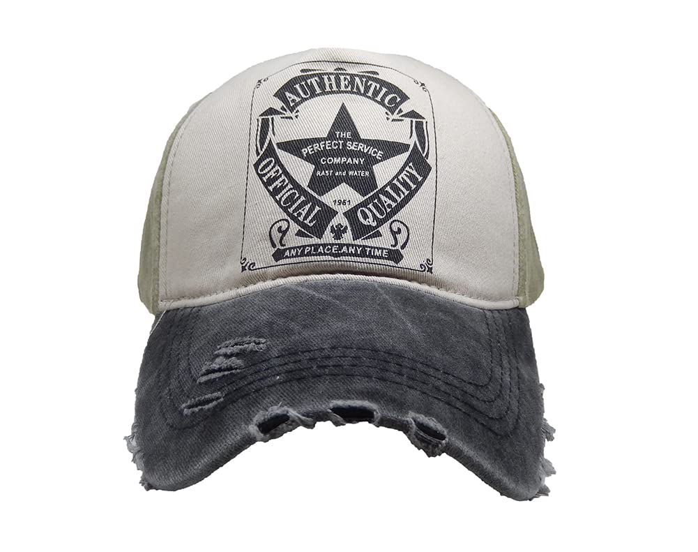 LONGTEN Vintage Denim Cap front view with cross letters and frayed edge for casual outdoor wear